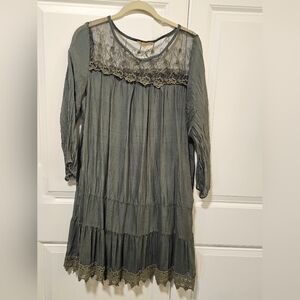 Prontomoda Giusy Women’s Medium Dress Green Fango 100% Silk Crochet Mori Kei